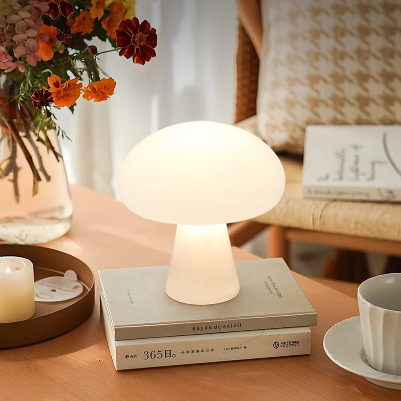 MushDane™ Cream Halo Mushroom Table Lamp – USB Rechargeable Touch Dimmable Lamp | Ambient Lighting for Bedroom & Living Room